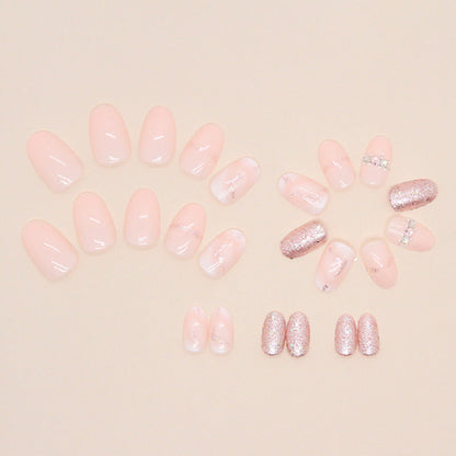 Shiny Glitter Oval Nails with Marble and Peach Design