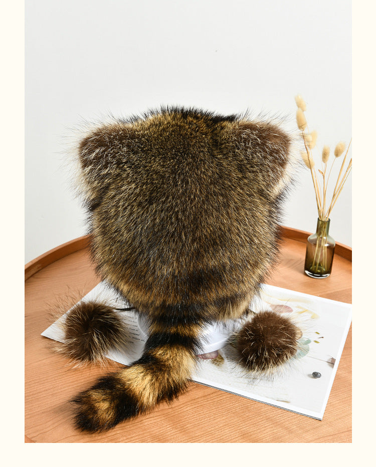 Warm Raccoon Fur Hat with Ear Flaps