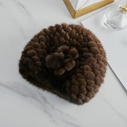 Warm Mink Fur Beret with Faux Flower - Winter Accessory