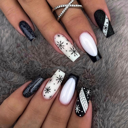 European Long Tapered Nails with Snowflake and Glitter