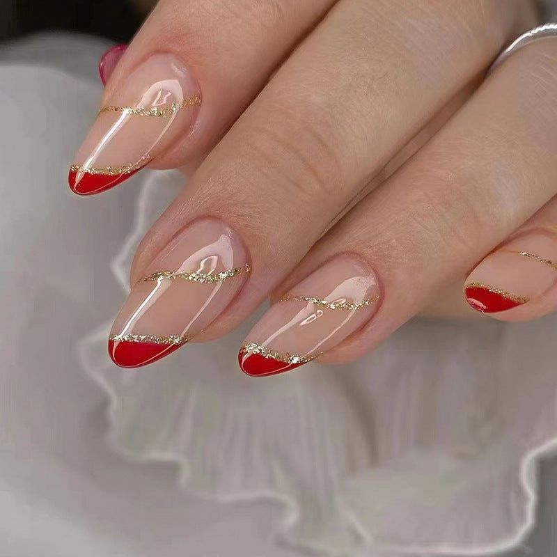 Almond Round Nails Glitter Wave Red Triangle French Bridal Festival Wearable Nails