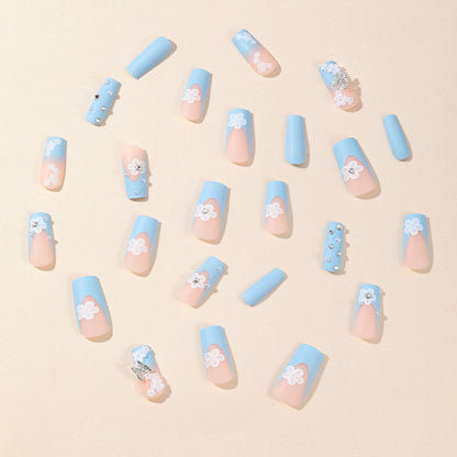 Sky Blue Flower Pearl 5-Petal 3D Butterfly Fresh Fake Nails-homeunderwear