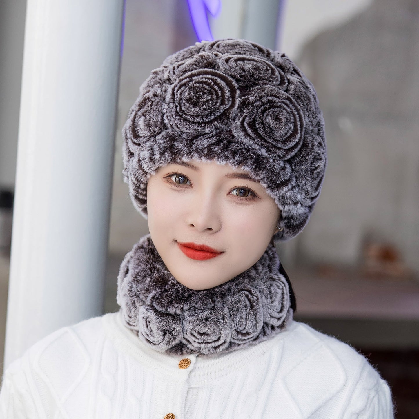 Warm Real Rabbit Fur Ear Flap Hat & Scarf Set