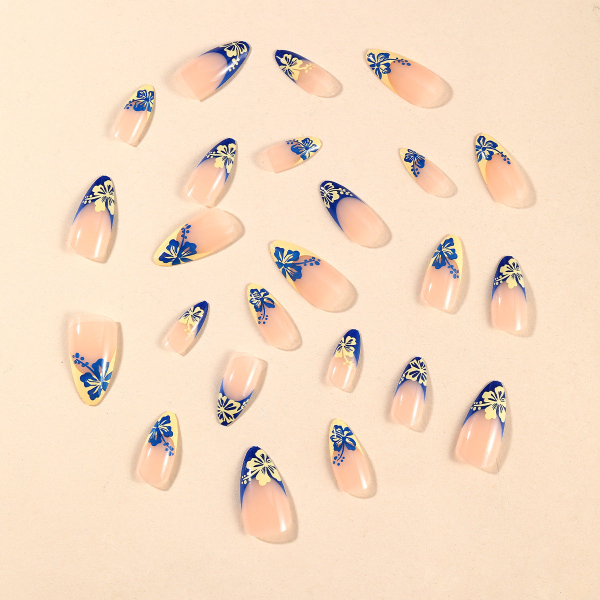 Almond Shape Irregular Yellow Blue French Flower Removable Nails