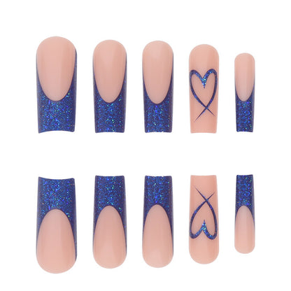 Long Blue Heart Stripe Nails, Valentine's Day Chic