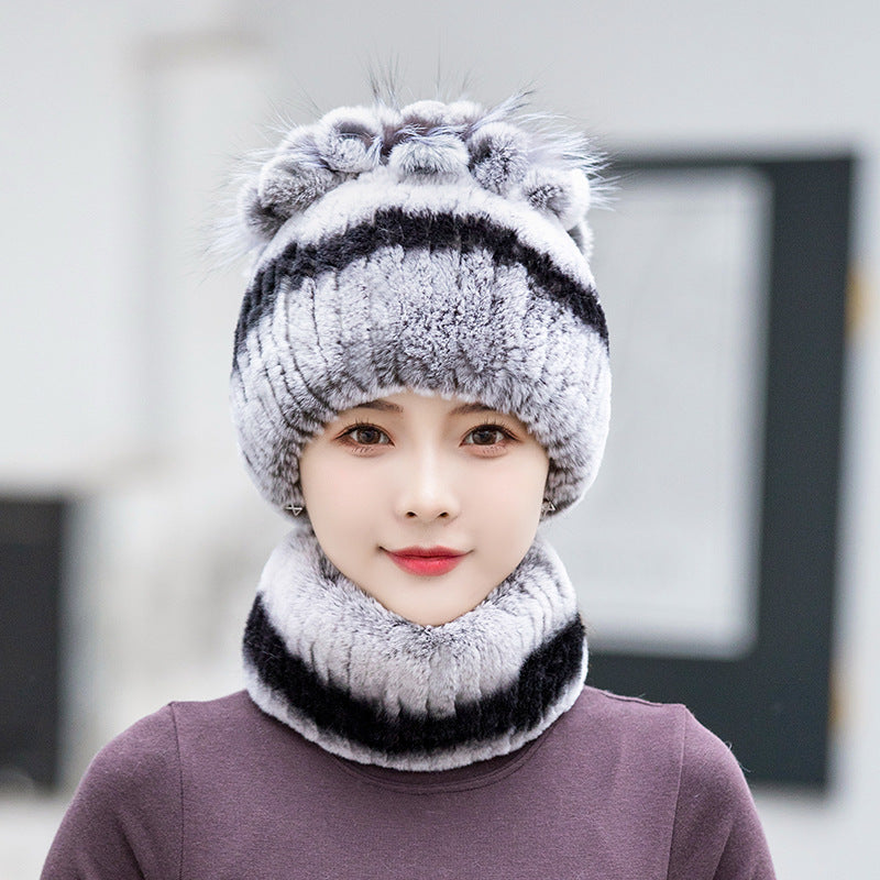 Warm Real Rabbit Fur Ear Flap Hat & Scarf Set