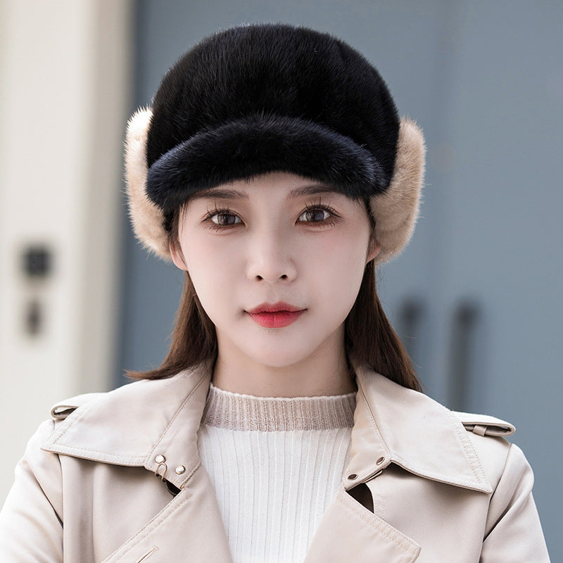 Warm Mink Fur Ear Flap Baseball Cap - Stylish Winter Accessory