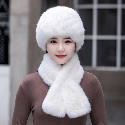 Warm Snow Rabbit Fur Ear Flap Hat & Scarf Set