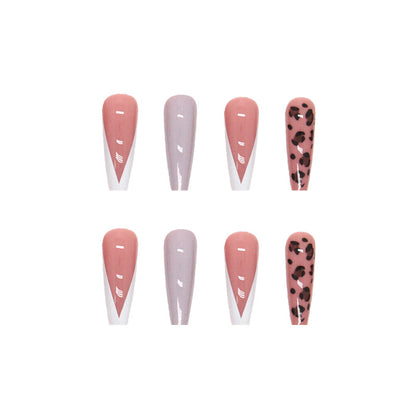 Taro Milk Long Wearable Nails Simple French Leopard Print with Glitter-homeunderwear