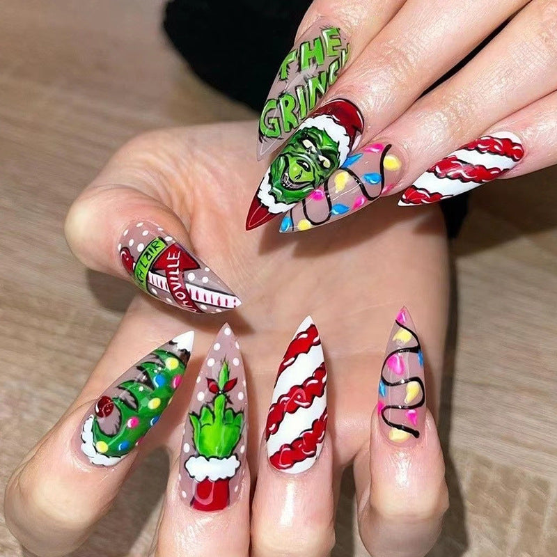 New FashionLong Pointed Grinch Christmas Nail Tips-homeunderwear