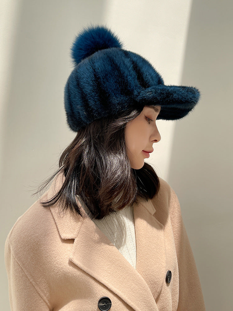 Warm Mink Fur Baseball Cap with Fox Pom Pom - Winter Fashion