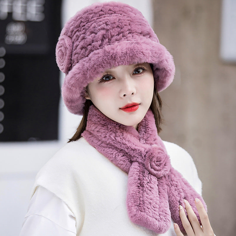 Warm Real Rabbit Fur Hat & Scarf Set - Ear Flap Design