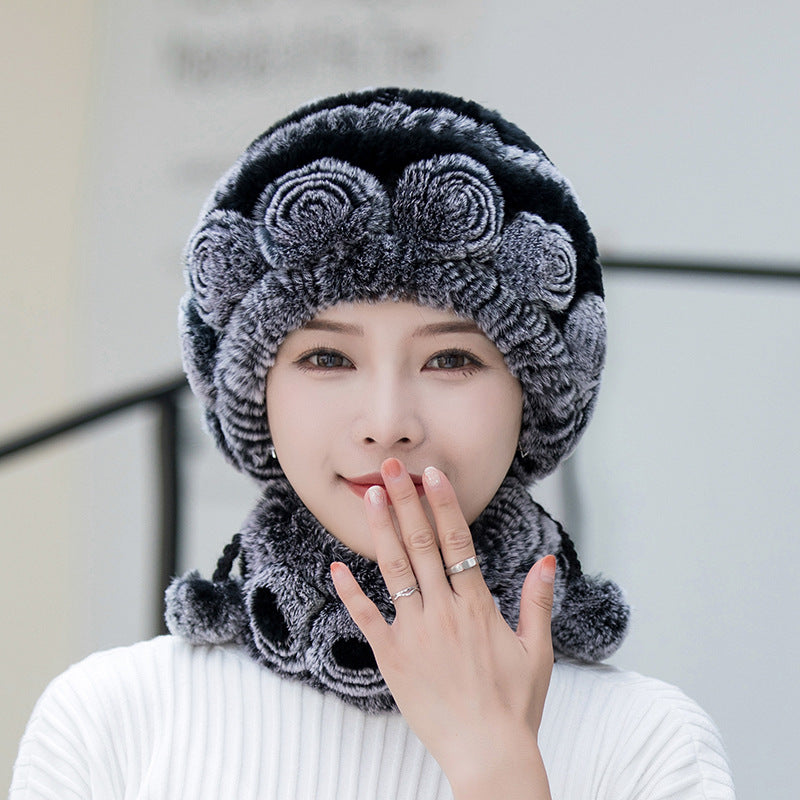 Warm Real Rabbit Fur Ear Flap Hat & Scarf Set