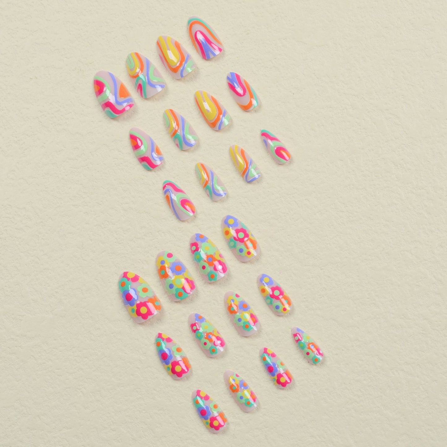 Rainbow Striped Nail Tips with Mini Flowers