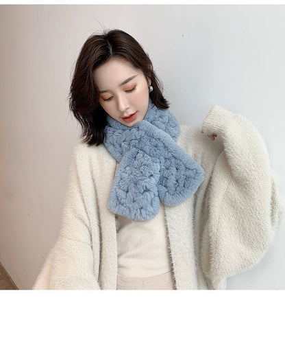 Real Rabbit Fur Scarf with Diamond Pattern - Winter Warmth