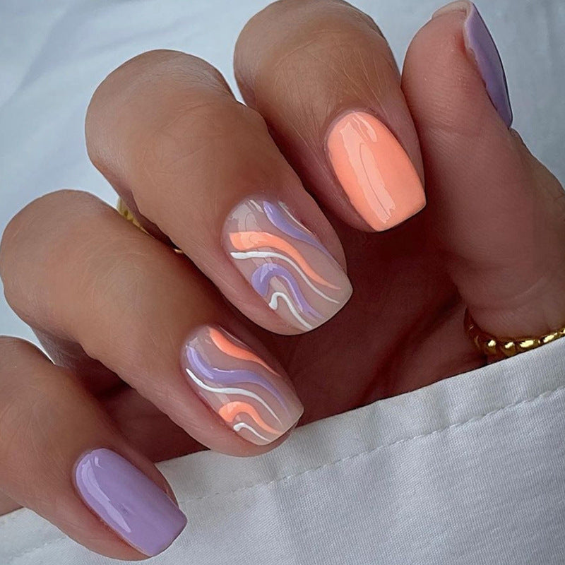 Vibrant Wave Nails, Square Shape in Pastel Purple & Orange