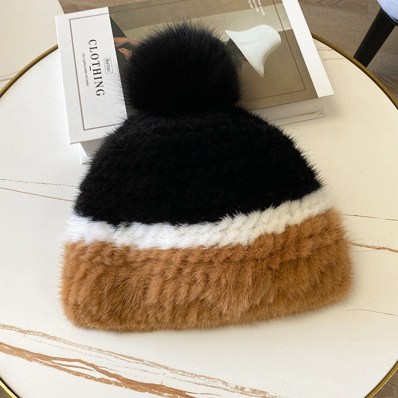 Women's Striped Fur Blend Hat with Real Rabbit Fur Pom Pom