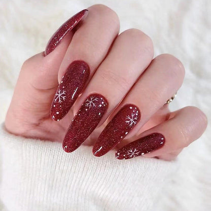 Long Oval Christmas Nail Tips with Winter Designs