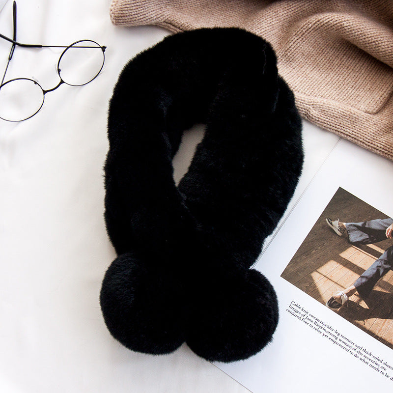 Cute Real Rabbit Fur Scarf with Pom Poms