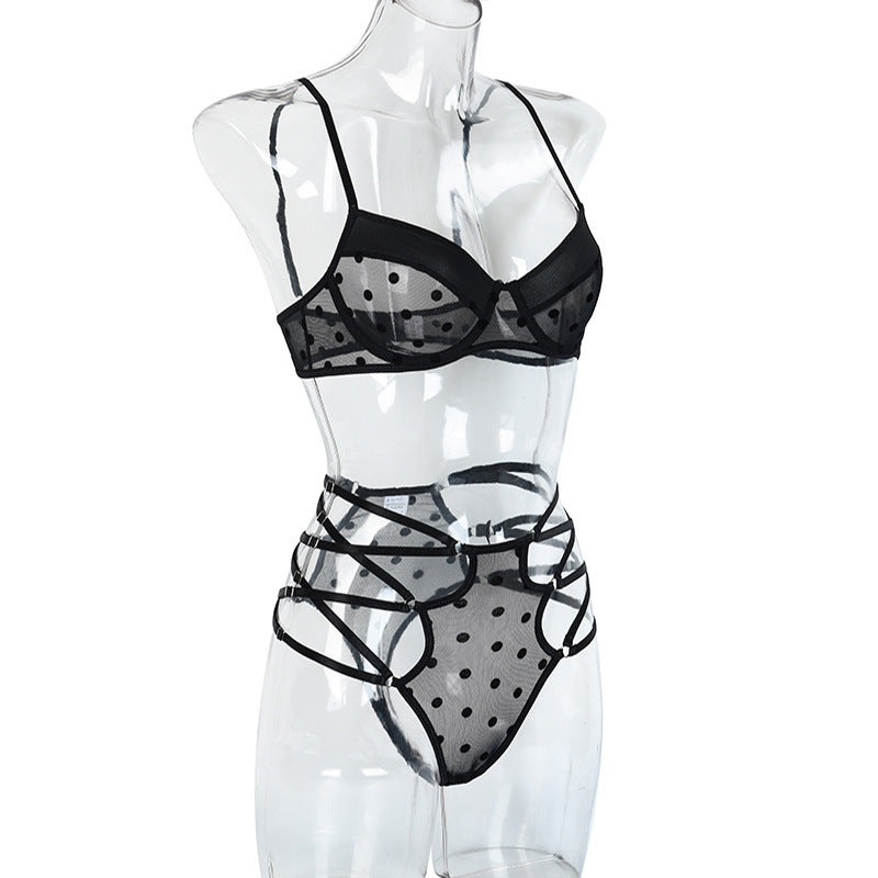 Sexy Dot Mesh Suspender with Perspective Splicing and Cross Tie Underwear Set(S~3XL)