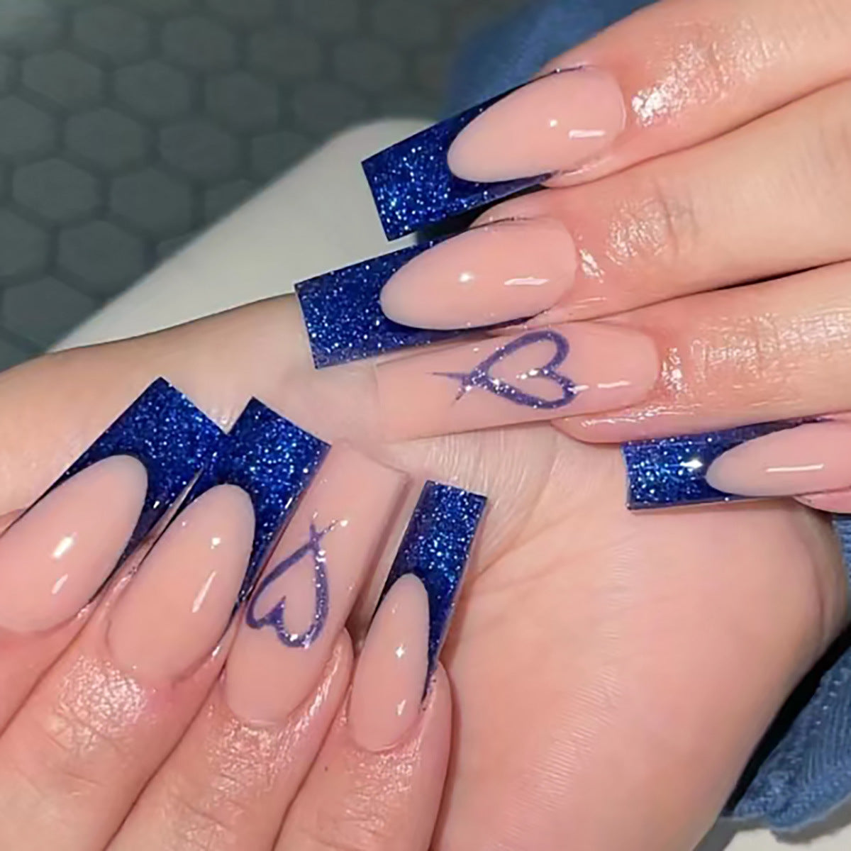 Long Blue Heart Stripe Nails, Valentine's Day Chic