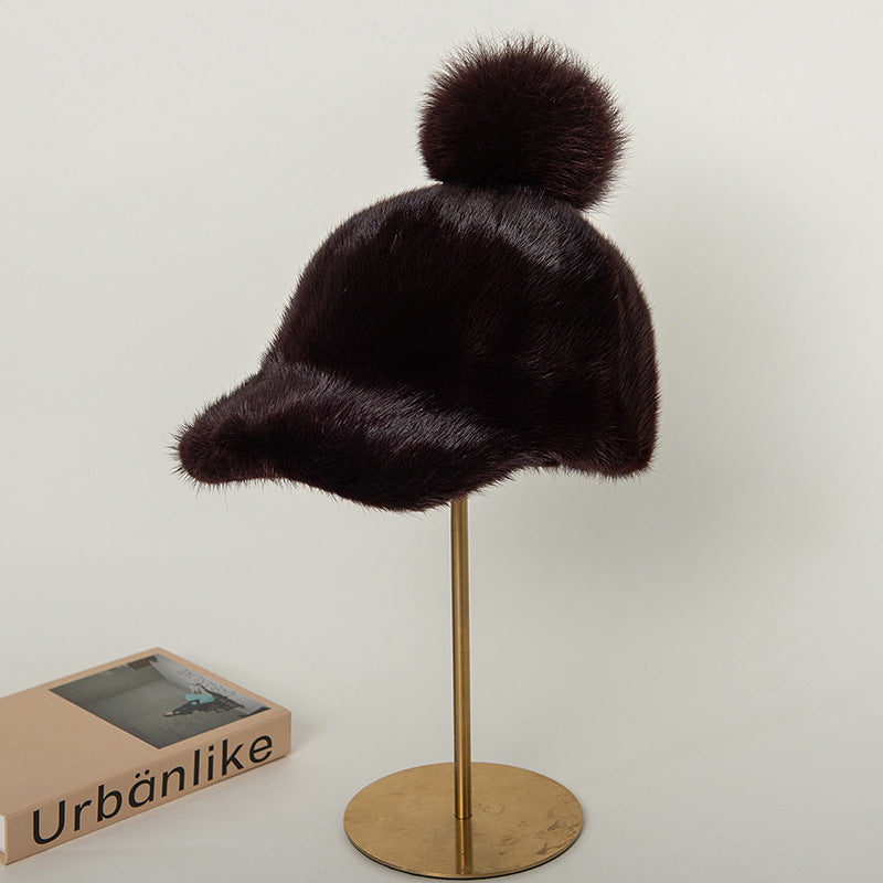 Warm Mink Fur Baseball Cap with Fox Pom Pom - Winter Fashion