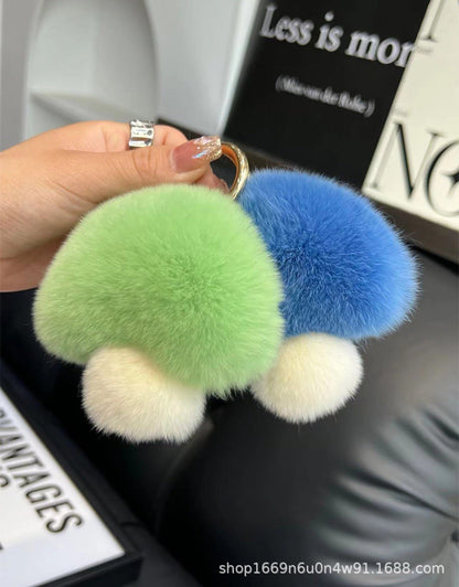 Cute Real Rabbit Fur Mushroom Keychain - Trendy Car Accessory