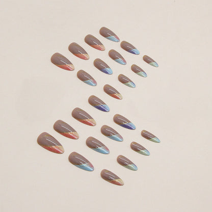 Trendy Euro Ins Style Round Almond Multicolor Gradient French Gold Line Fake Nails-Homeunderwear