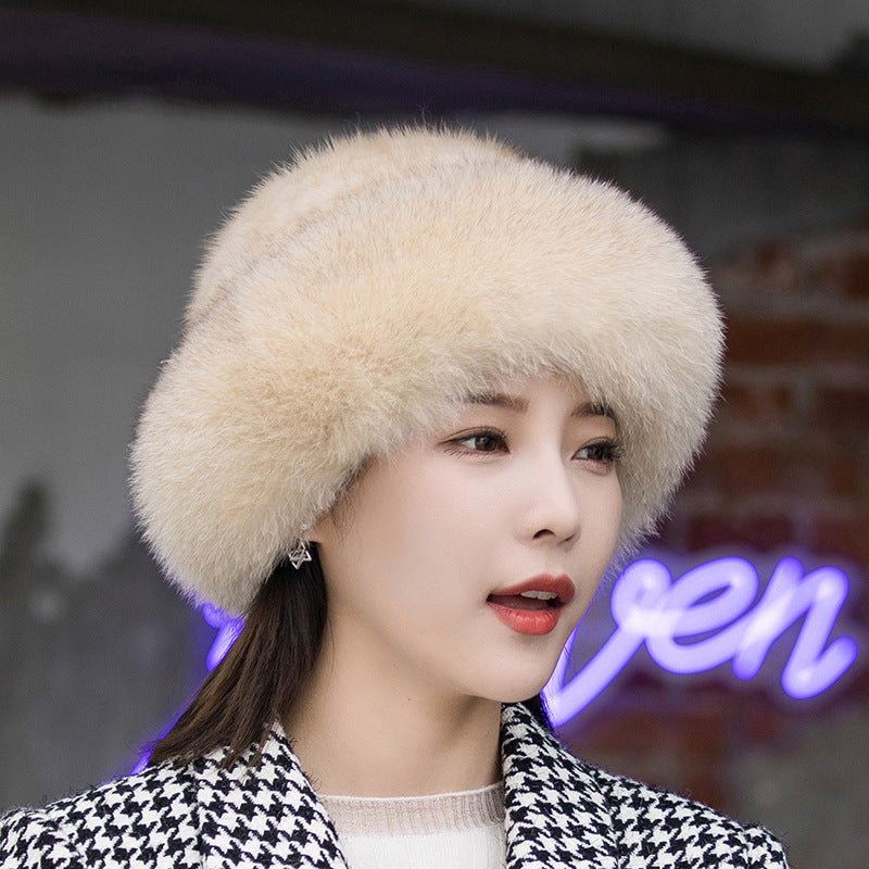 Warm Mink Fur Hat with Fox Pom Pom - Ear Flap Design