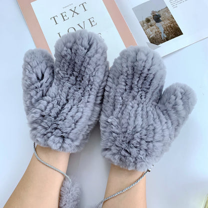 Cute Real Rabbit Fur Mittens - Winter Neck Strap Gloves"