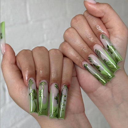 XXL Green Gradient French Nails with Floral Lines