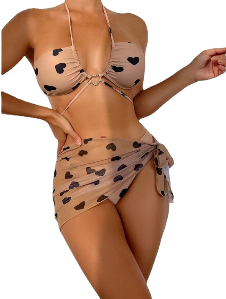 2025 New Version of Net Fabric Three-Piece Heart Print Swimsuit