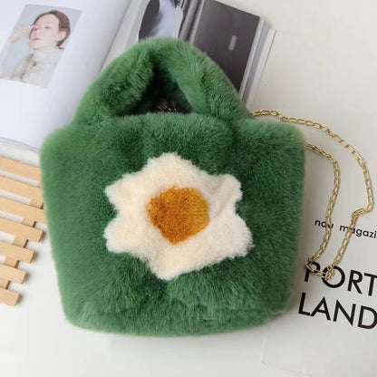 Korean Sunflower Faux Fur Tote - Chain Crossbody Bag