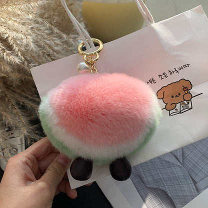 Cute Real Rabbit Fur Watermelon Charm Keychain & Phone Decor