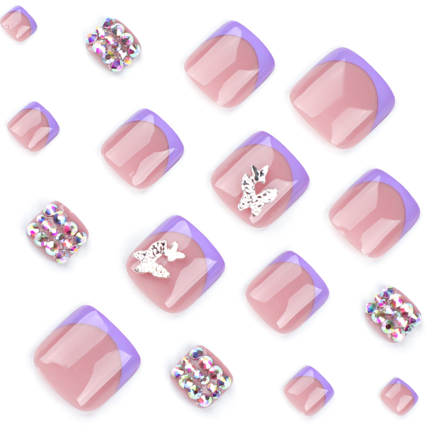 French Purple Toe Nail Art with Crystal Butterflies