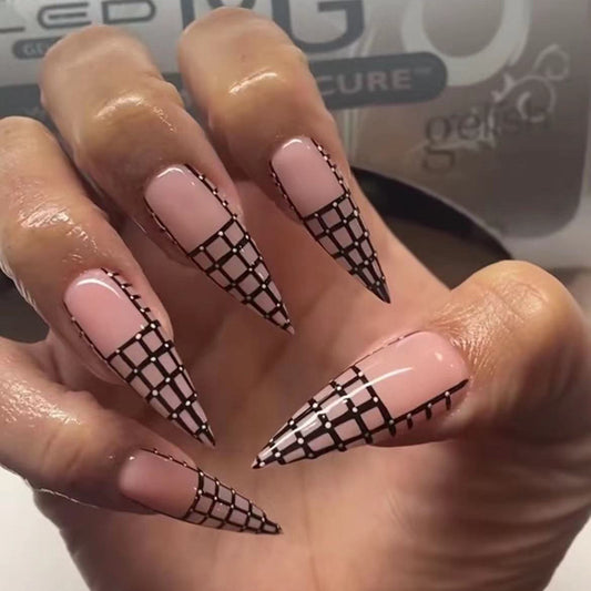 Long Pointed Chessboard Glitter Nail Extensions