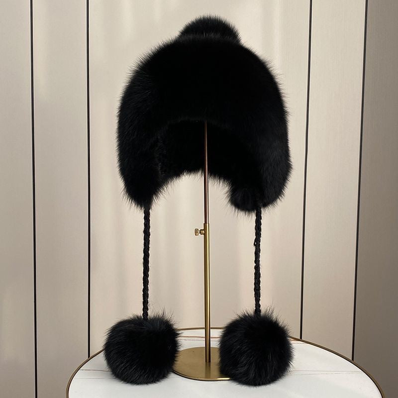 Winter Women's Mink Fur Hat with Fox Pom Pom - Stylish & Warm