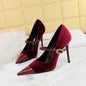 Chic Metal Buckle and Ankle Strap Suede Patchwork Pointed Toe Shoes-Heel Height 7CM-Homeunderwear