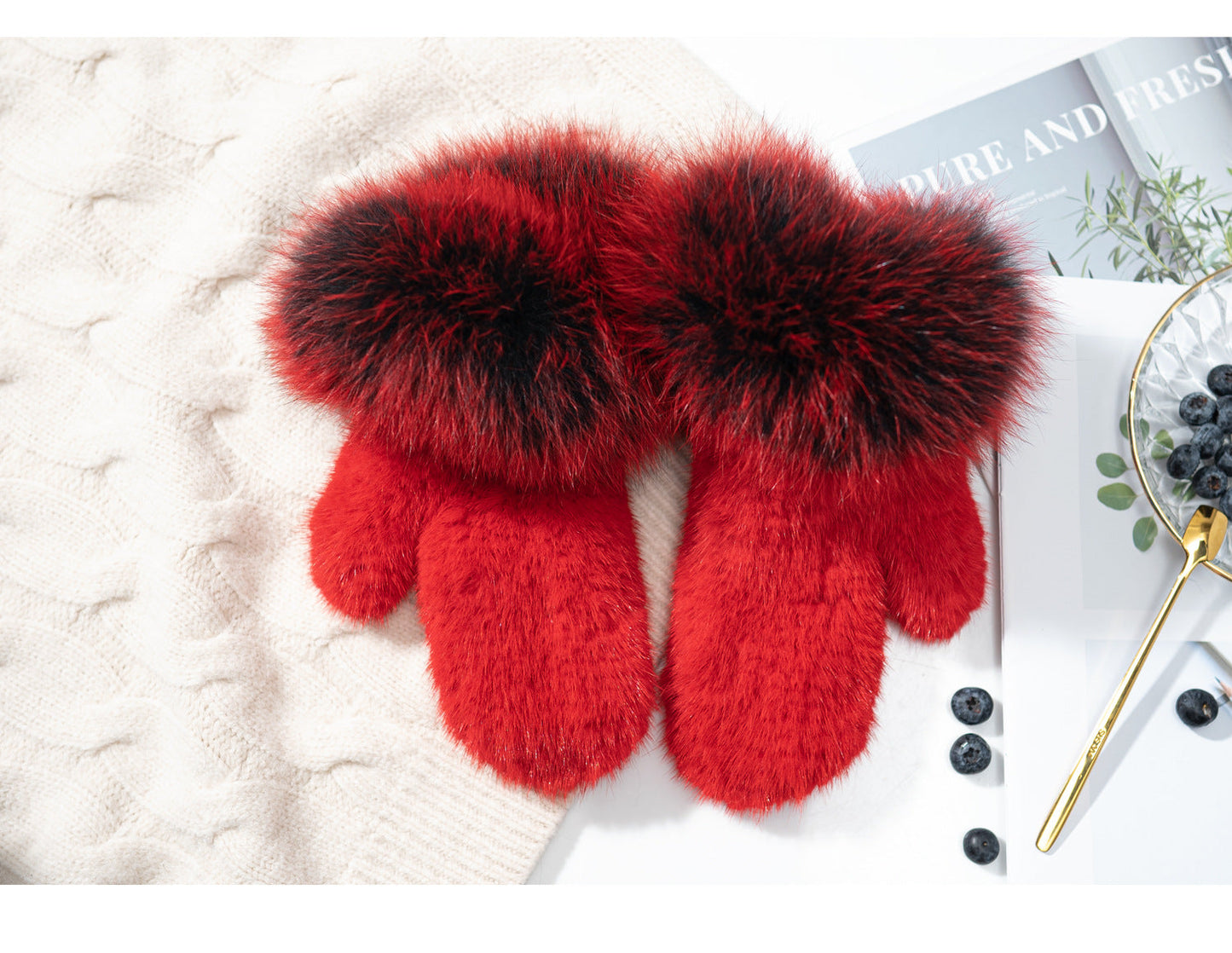 Warm Genuine Fur Lined Mittens with Real Rabbit Fur Trim