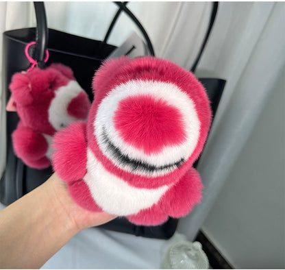 Cute Real Rabbit Fur Strawberry Bear Keychain - Car Accessory