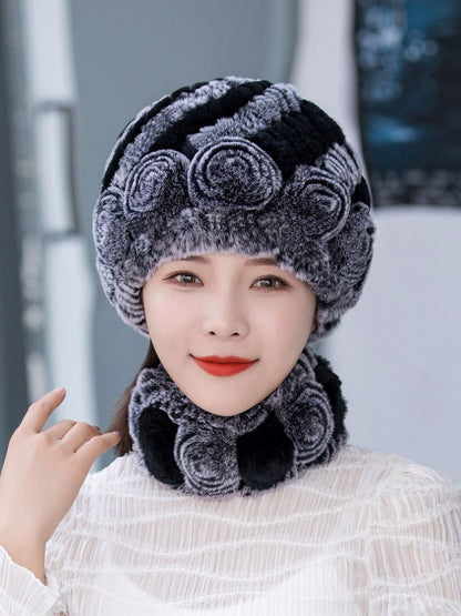 Warm Real Rabbit Fur Ear Flap Hat & Scarf Set