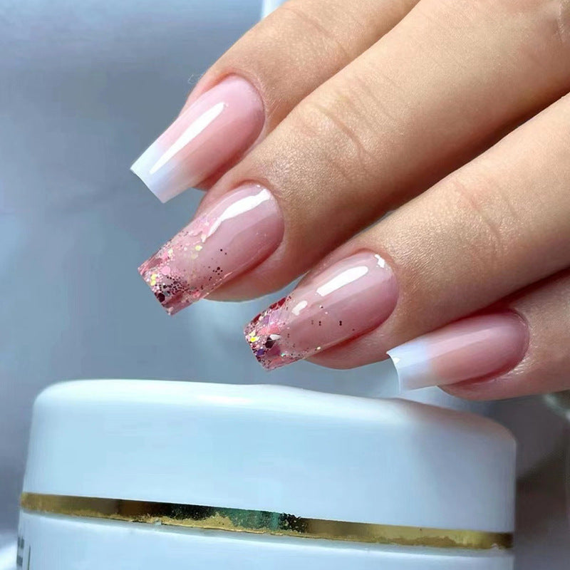 Mid-Length Ballet Nails, Gradual White French with Pink Glitter