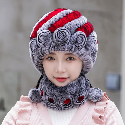 Warm Real Rabbit Fur Ear Flap Hat & Scarf Set