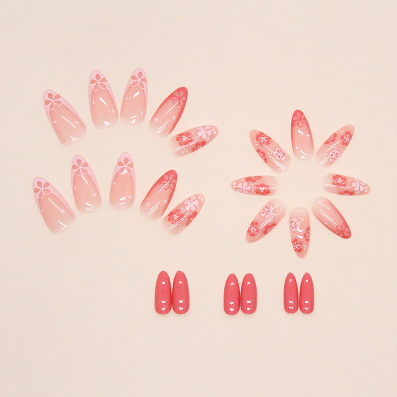 Almond Shape French Floral Nails, Pink and Sweet