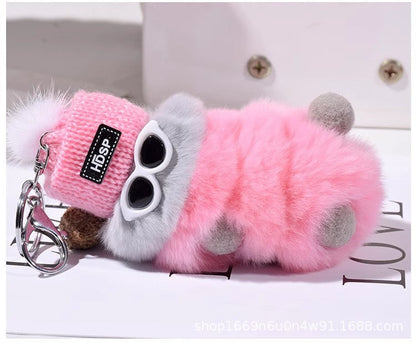 Real Rabbit Fur Caterpillar Keychain Plush Toy