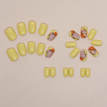 Short Canary Yellow Nails, Daisy Polka Dot Design