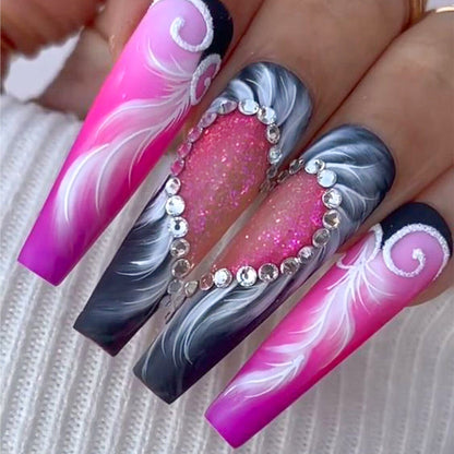 New FashionSparkly Heart Patch Feather Nail Tips