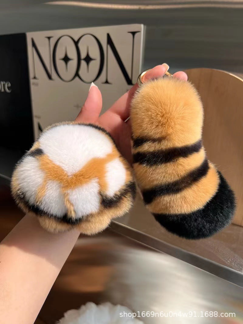 Cute Otter Rabbit Fur Tiger Tail Keychain Plush Gift