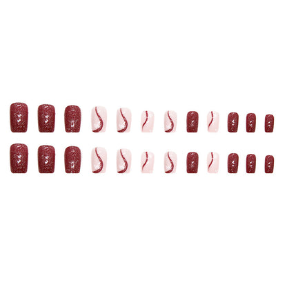 Square Flash Cherry Red Nails, Heart Pattern, Ins Style, Wholesale-Homeunderwear