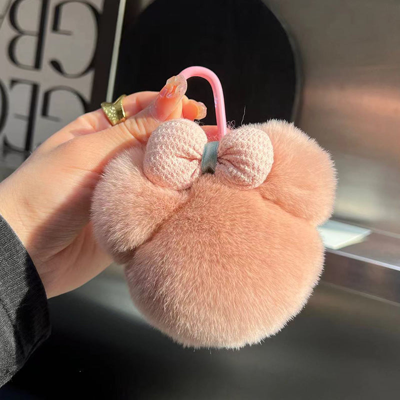 Cute Real Rabbit Fur Mickey Head Keychain with Bow